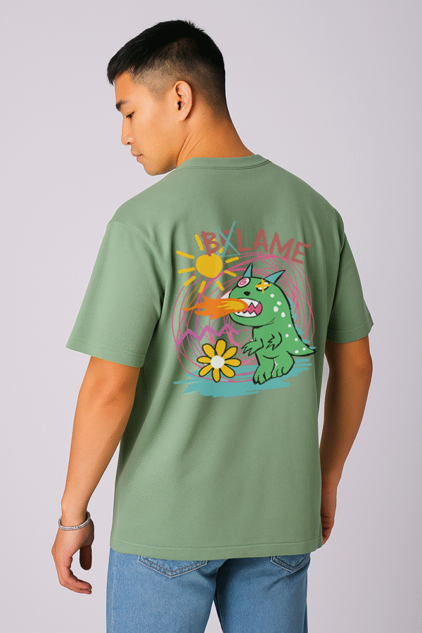 3 OLIVE GREEN PRINTED OVERSIZED T-SHIRT BY OVERHEAT